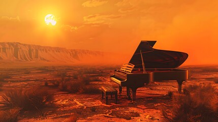 Bright orange beautiful piano using lively smoke clouds in a huge arid wasteland