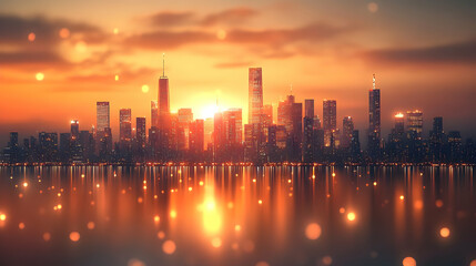 Fototapeta premium A panoramic view of a modern city skyline at sunset, with the sun setting behind the buildings and reflecting in the water.