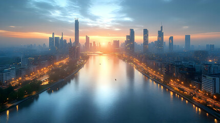 A panoramic view of a modern city skyline with a river running through it, the sun rising in the distance.