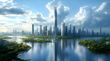 Fototapeta premium A panoramic view of a modern city skyline with a tall skyscraper, surrounded by a river and lush greenery, under a blue sky with clouds.
