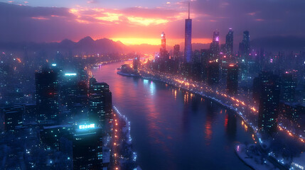 Fototapeta premium A panoramic view of a modern city skyline with skyscrapers illuminated at sunset with a river flowing through the middle, surrounded by snow.