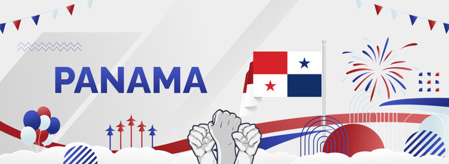 Panama National Day background with abstract shapes in flag colors, red, blue and white. Modern creative style. Templates for independence day greeting card, horizontal poster, and header for website