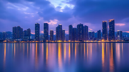 A panoramic view of a modern city skyline with skyscrapers reflected in the calm water at dusk.