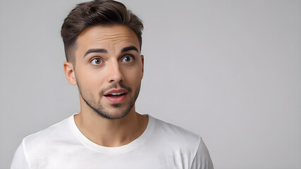 Obraz premium Shocked young man looking at camera, panorama with copy space