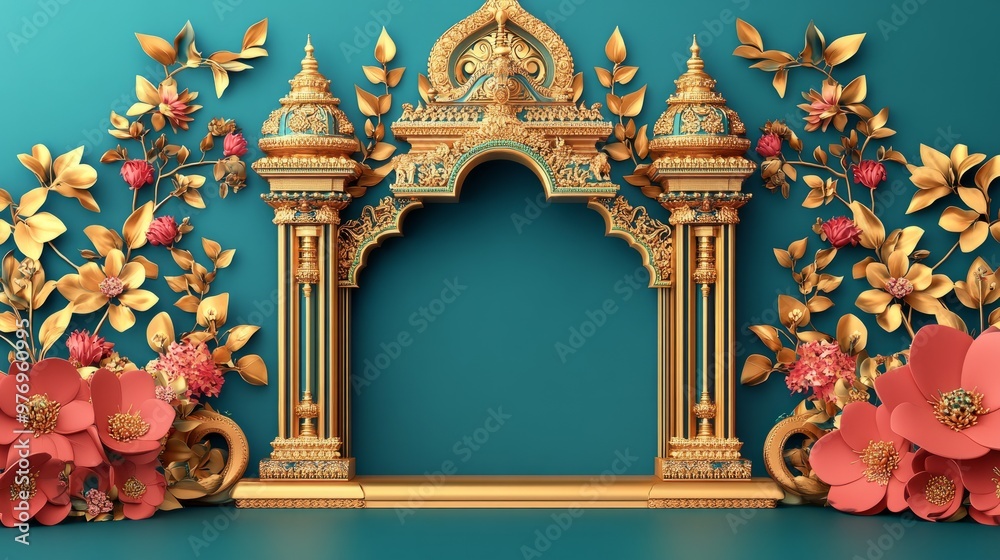 Wall mural 3D illustration of a vibrant Kerala festival background with golden jewelry, leaves, and flowers in a border frame design with copy space in the center.