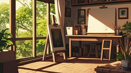 Sunlit Artist Studio with Window View and Painting Supplies - Cartoon and Anime Style