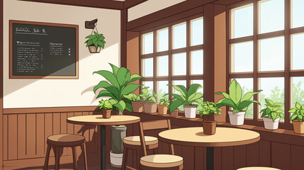 Obraz premium Cozy Cafe Interior with Sunlight and Plants - Cartoon and Anime Style
