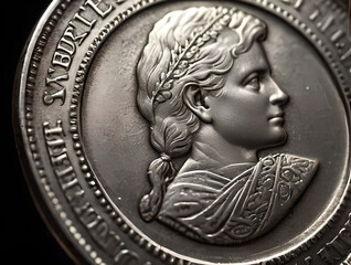 "A close-up of a rare, antique silver coin with detailed engravings, illuminated by a spotlight to enhance its textures and depth."