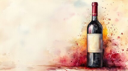 Artistic watercolor bottle of red wine with a blank label, surrounded by colorful splashes, perfect for wine-related themes.