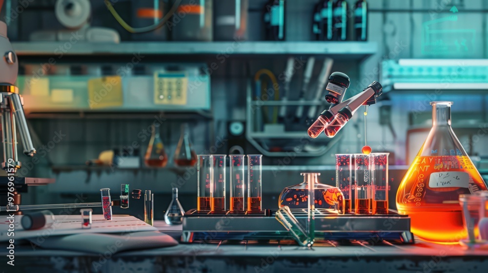 Poster artistic representation of an experiment setup, including test tubes, equipment, and variables, demo
