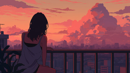 Silhouette of a Woman Watching Sunset Over Cityscape - Cartoon and Anime Style