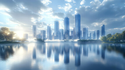 A panoramic view of a modern cityscape with skyscrapers reflected in a calm lake.