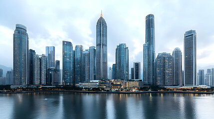 Fototapeta premium A panoramic view of a modern cityscape with skyscrapers reflecting on a calm body of water.