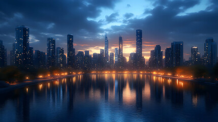 Fototapeta premium A panoramic view of a modern cityscape with tall skyscrapers at sunset, reflecting in a calm body of water.
