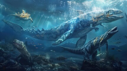 Fototapeta premium Artistic representation of ancient marine life, showing reconstructed marine dinosaurs and prehistoric sea creatures based on fossil evidence.