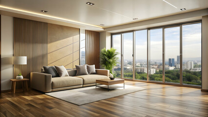 Fototapeta premium Modern interior design of empty living room with beige wall and big panoramic window , apartment, interior, design