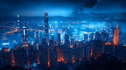 Fototapeta premium A panoramic view of Hong Kong's cityscape at night, with skyscrapers illuminated by warm and cool lights, clouds creating a dramatic backdrop.