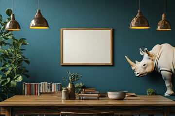 A mock up of a living room decorating design in a modern apartment with a white mock up photo frame, a wooden shelf, a stylish chair, a vase with flowers, books, sculptures, and elegant accessories.