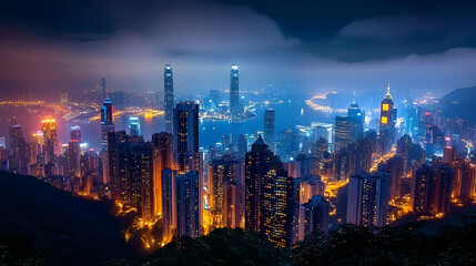 Fototapeta premium A panoramic view of Hong Kong's skyline at night, with skyscrapers illuminated against a backdrop of clouds and the harbor.