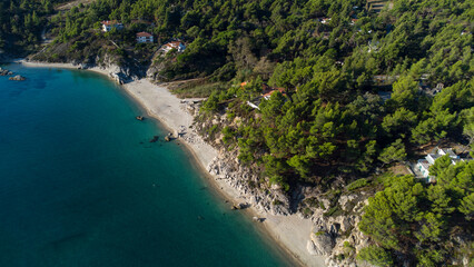 Obraz premium Aerial drone view of Fava beach south of Karidi beach. Vourvourou, Sithonia peninsula, Halkidiki, North Greece