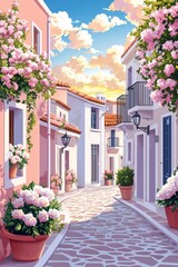 Illustrate an eye-level perspective of a charming alleyway adorned with blooming flowers under a delicate, golden sunset