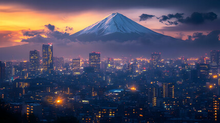 A panoramic view of the city skyline with Mount Fuji in the background at sunset.