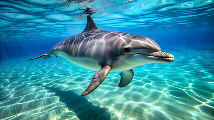 Obraz premium Dolphin gracefully swimming in clear blue water, marine life, ocean, wildlife, mammal, playful, aquatic