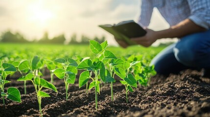 Farmer Inspecting Young Soybean Plants in Field