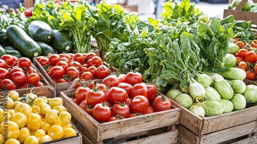 Wall mural Fresh Produce at the Market   Tomatoes  Zucchini  Greens  Cabbage and more