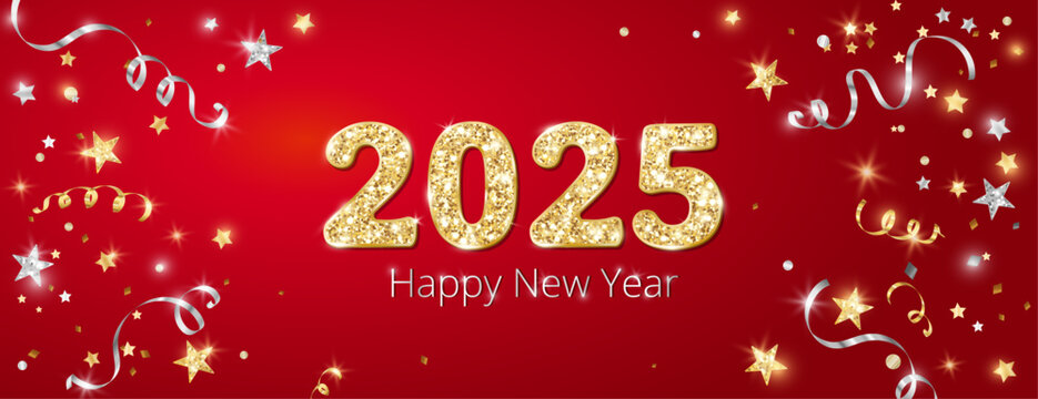 2025 golden glitter numbers. Happy new year banner. Background with gold and silver confetti.
