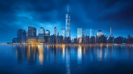 Obraz premium A panoramic view of the New York City skyline at dusk, with the Freedom Tower standing tall in the center. The city lights reflect in the calm waters of the harbor, creating a mesmerizing scene.