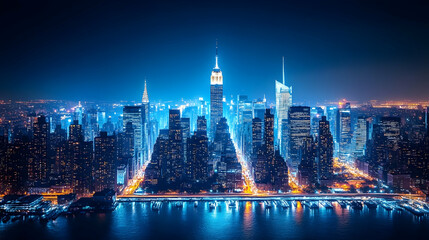 Fototapeta premium A panoramic view of the New York City skyline at night, illuminated by countless lights.