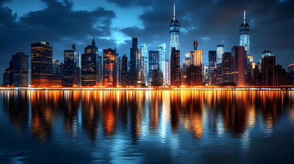 Fototapeta premium A panoramic view of the New York City skyline at night, with the city lights reflected in the water.
