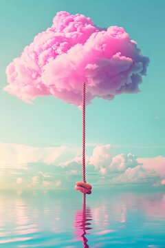 vertical slow motion video of Surreal pink cloud floating above calm water with a rope tied to it