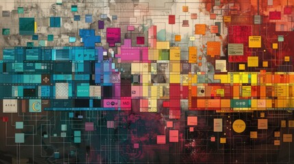 Artistic representation of the periodic table with color-coded sections for different element types, such as transition metals and noble gases
