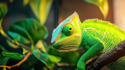 Fototapeta premium Green Chameleon Lizard Reptile Close Up Portrait Animal Wildlife Nature