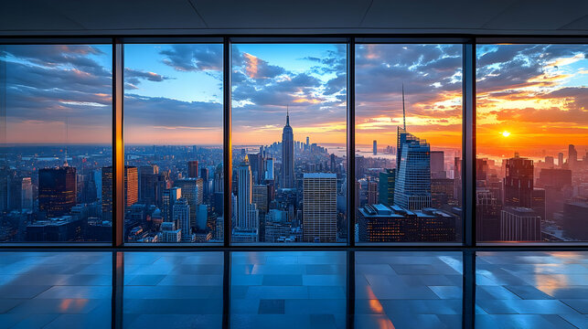 Fototapeta A panoramic view of the New York City skyline at sunset, as seen from a large window in a modern office building. The city is bathed in a warm golden light, and the sky is filled with vibrant colors.