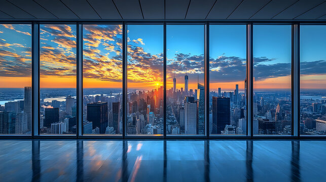 Fototapeta A panoramic view of the New York City skyline at sunset, seen from a large window.