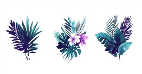 Exotic flowers and leaves with watercolor tropical plants bouquets.