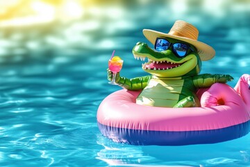 Fototapeta premium Lazy crocodile with sunglasses and straw hat on a flamingo – comic illustration