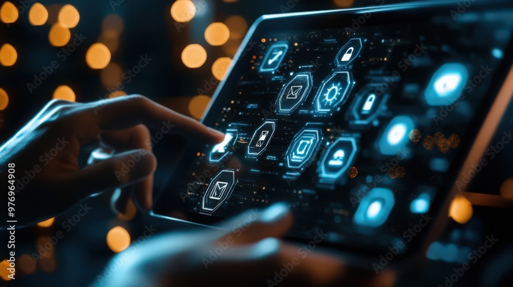 Poster blockchain technology and ai are used by a businessman on a digital tablet to handle data encryption