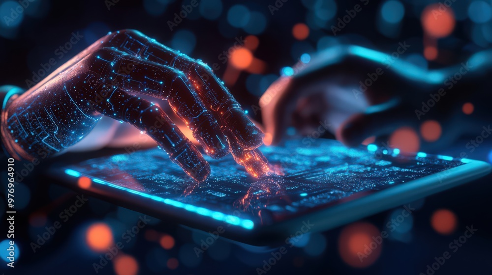 Poster blockchain technology and ai are used by a businessman on a digital tablet to handle data encryption