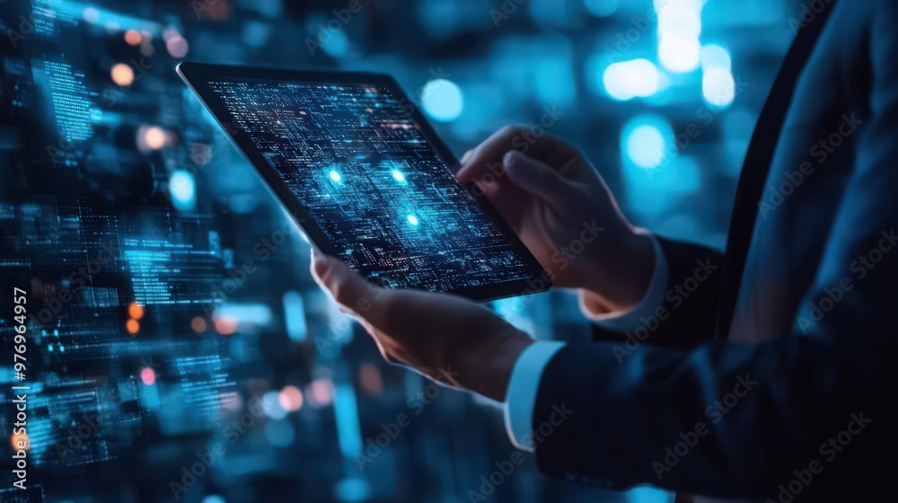 Poster blockchain technology and data encryption are applied by a businessman on a digital tablet, with ai 