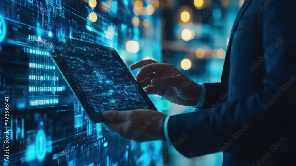 Poster blockchain technology and data encryption are applied by a businessman on a digital tablet, with ai 