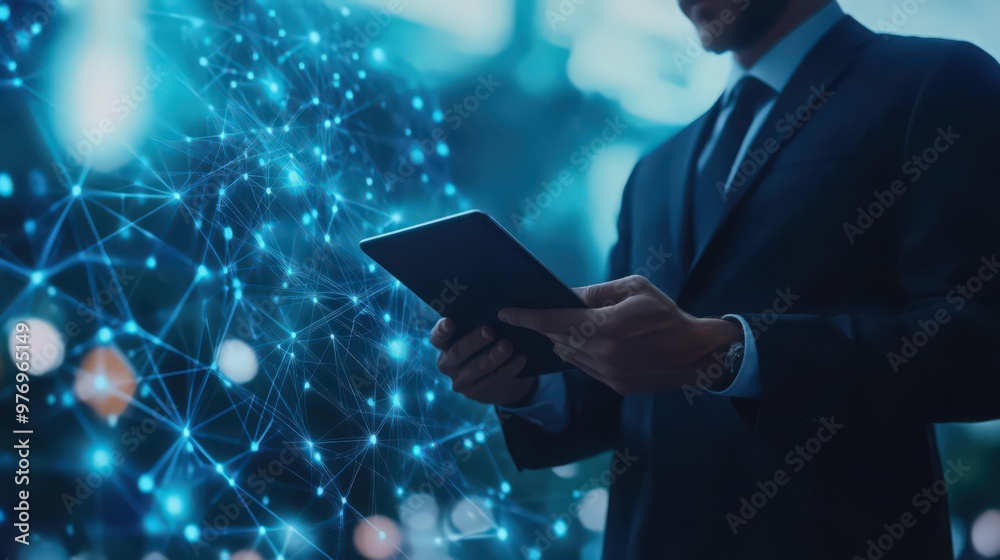 Poster blockchain technology and data encryption are enhanced by ai, with a businessman using a digital tab