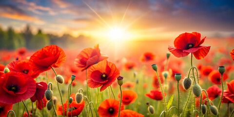 Fototapeta premium Victory in Europe Day celebration with red poppy flowers, V-E Day, Victory in Europe Day, May 8, Ukraine Victory Day