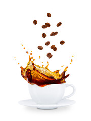 Coffee splash in white with floating coffee beans. Isolated on a transparent background. Stock photo.