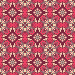 A vibrant, symmetrical pattern featuring floral and star motifs in shades of pink and cream, ideal for graphic design use.