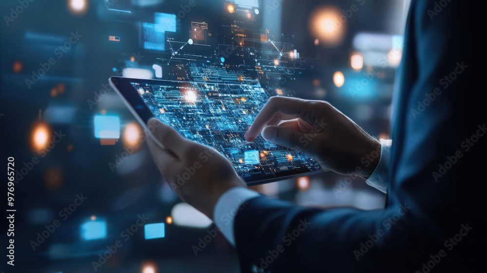 Poster blockchain technology, data encryption, and ai combine as a businessman uses a digital tablet to adv