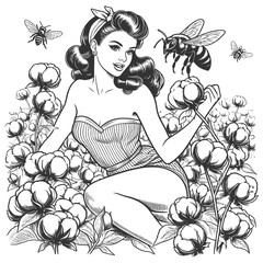 Obraz premium pin-up girl sitting in a cotton field with bees flying around, styled in a retro 1950s design sketch engraving generative ai raster illustration. Scratch board imitation. Black and white image.